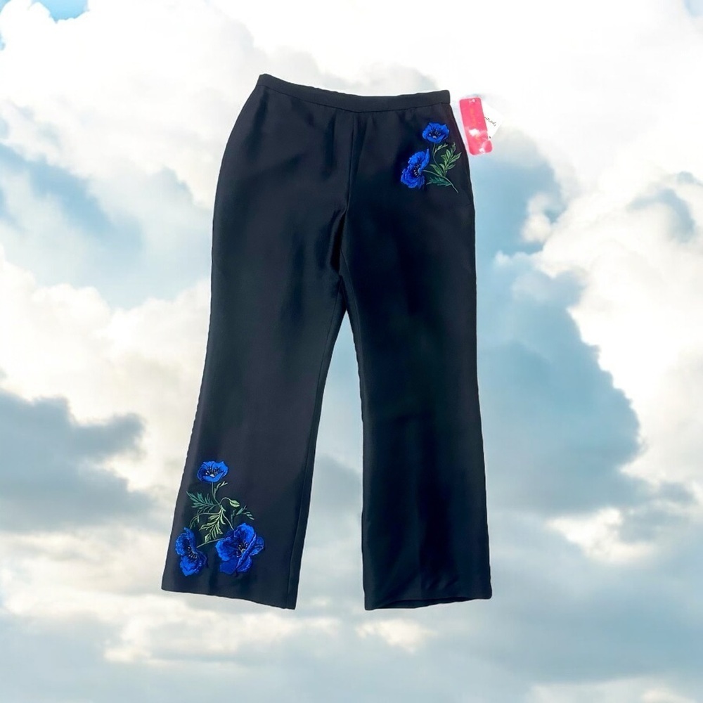 NWT Sunny Leigh Black & Blue Floral Embroidered 100% Shantung Silk Pant Size 12